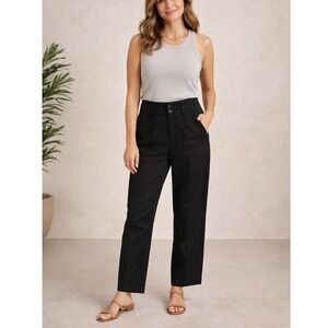 Evereve Women's Black High Rise Pleated Linen Blend Straight Leg Trousers- 26